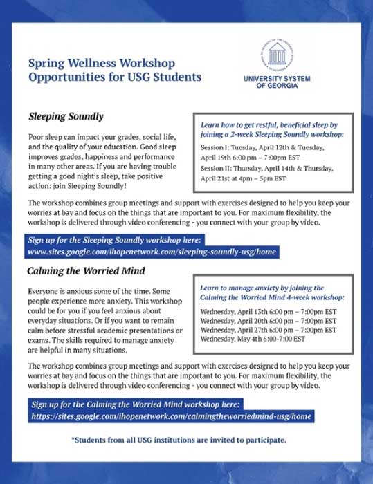 Spring Wellness Workshop Opportunities for USG Students flyer.